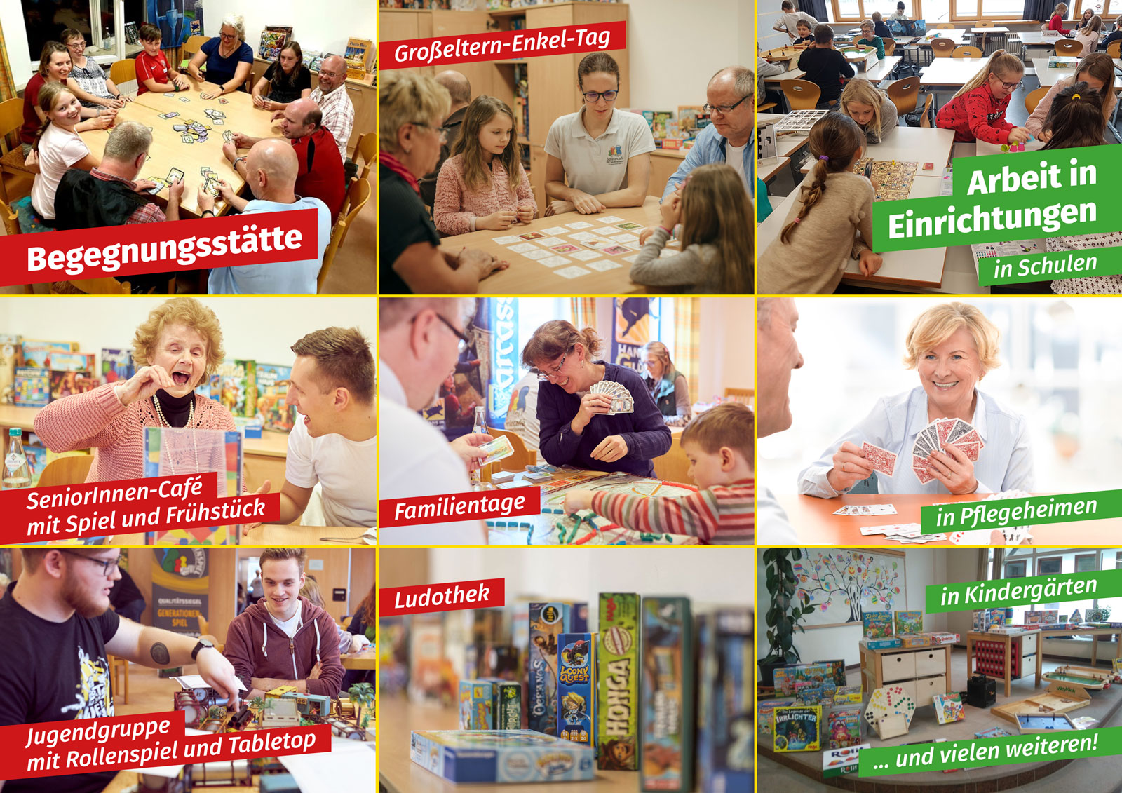 Informationsflyer - Spielend gegen Einsamkeit - Fotografie aus unterschiedlichen Einrichtungen in denen gemeinsam gespielt wird