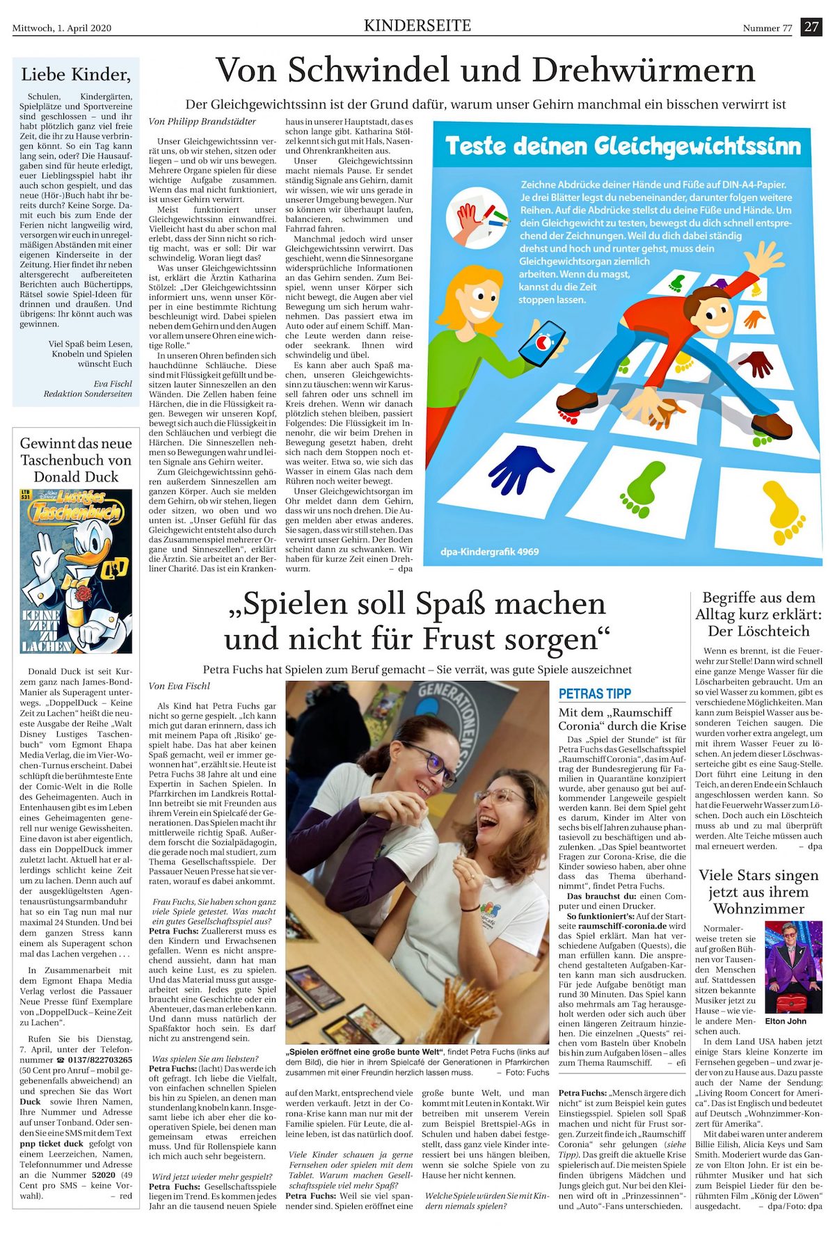 Kinderseite aus der Passauer Neuen Presse, Thema: Spielen soll Spaß machen und nicht für Frust sorgen