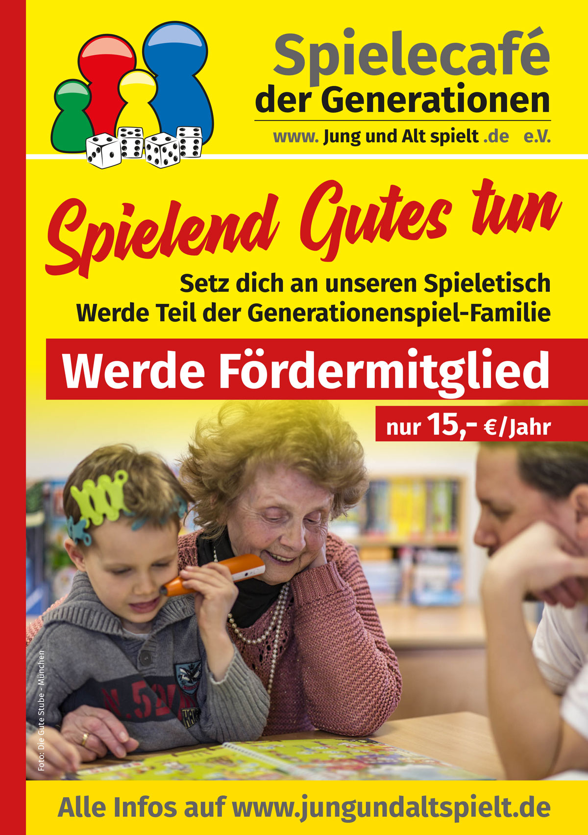Flyer des Spielecafé der Generationen; Spielend gutes tun für eine Fördermitglieschaft 