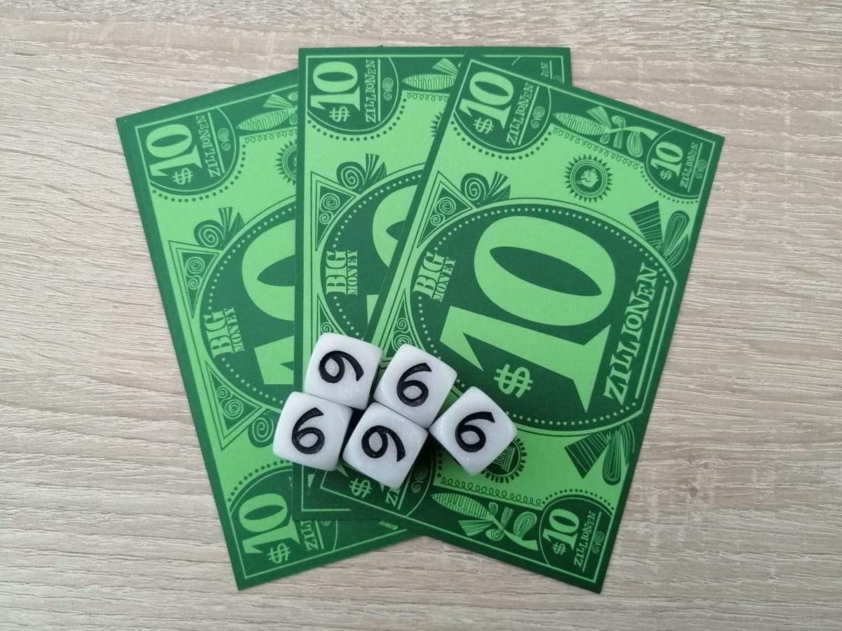 Es wurden fünf 6er gewürfelt. Dafür bekommt man 30 Zillionen 