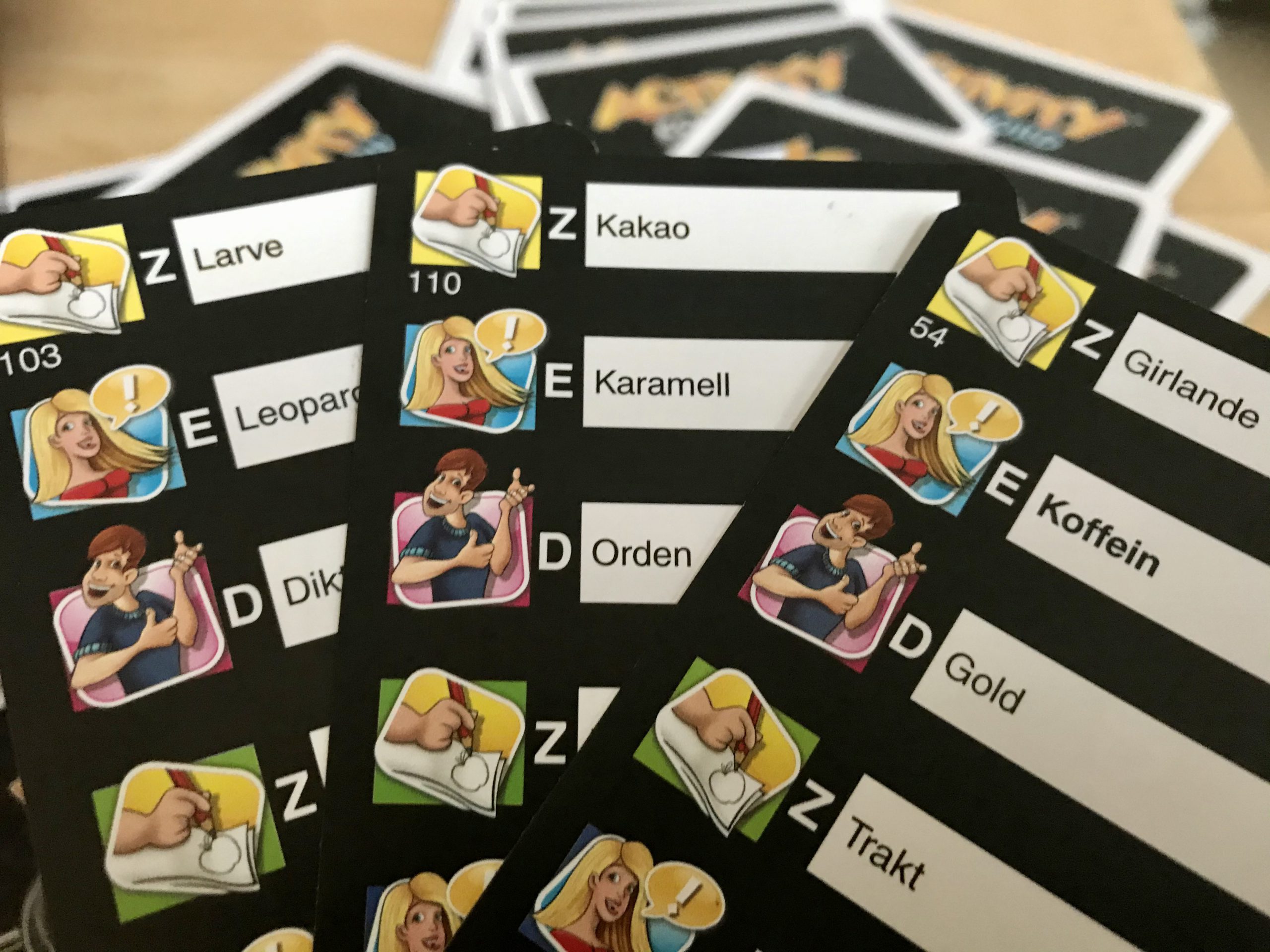 Auf jeder Karte sind immer sechs Begriffe in drei verschiedenen Kategorieren vermerkt. 