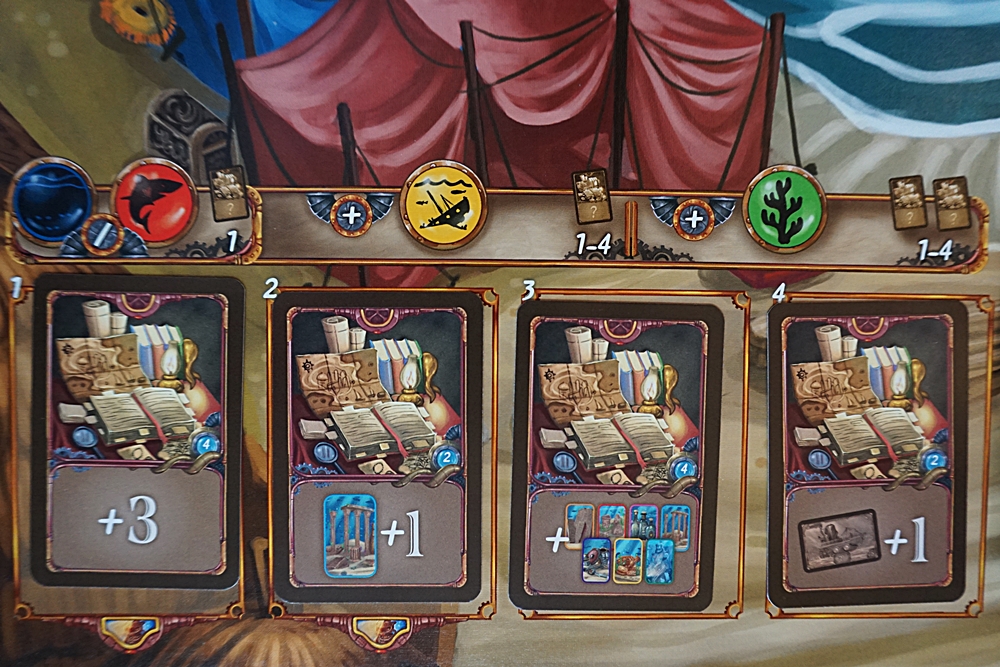 Der Ort zum Kauf der Bonuskarten. Mehrere sind gezeigt und die Symbole, welche man beim Kauf abgeben muss.