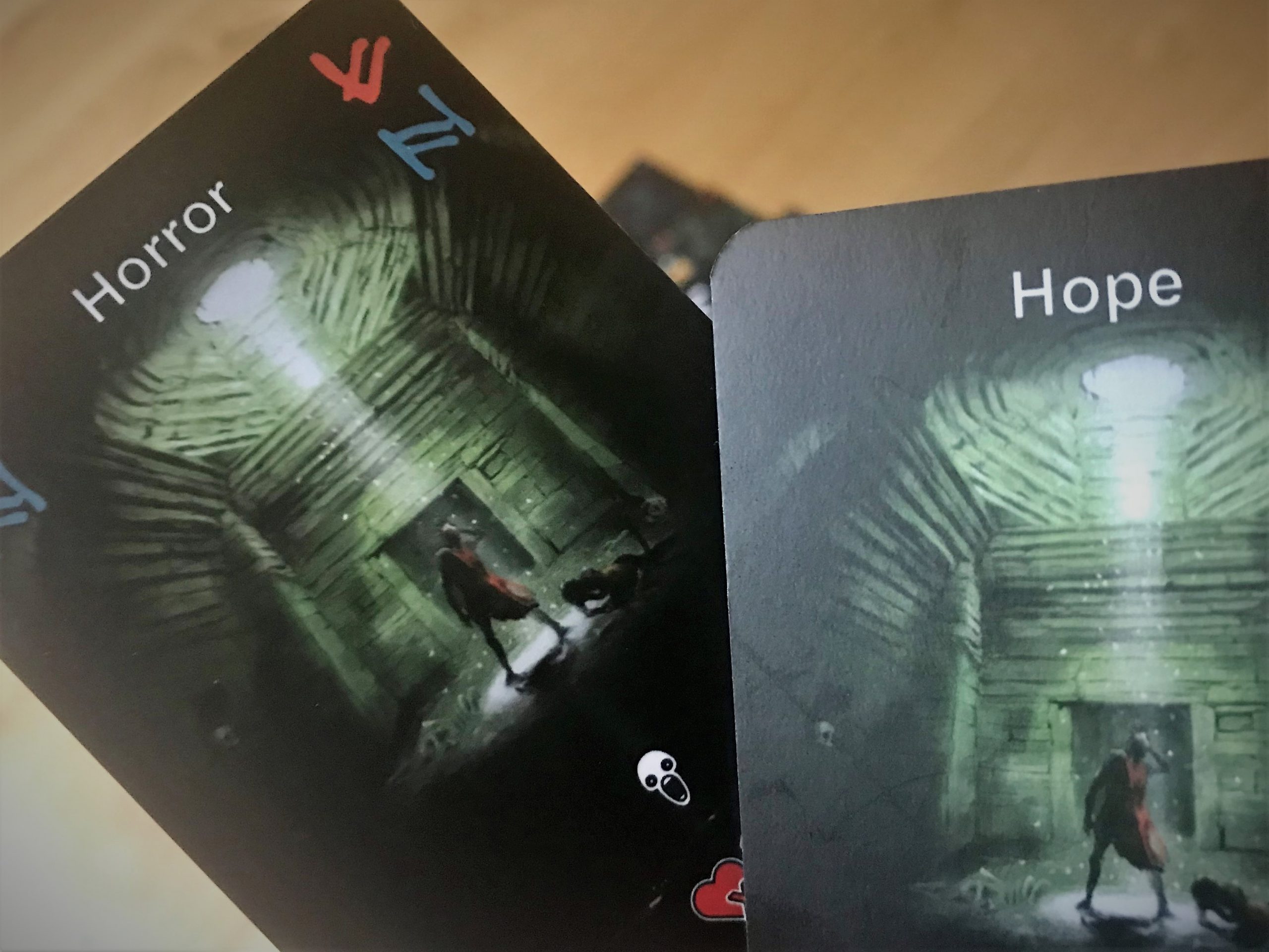 Die Karten Horror und Hoffnung. Kleine Erweiterungen machen das Spielerlebnis flexibel. 