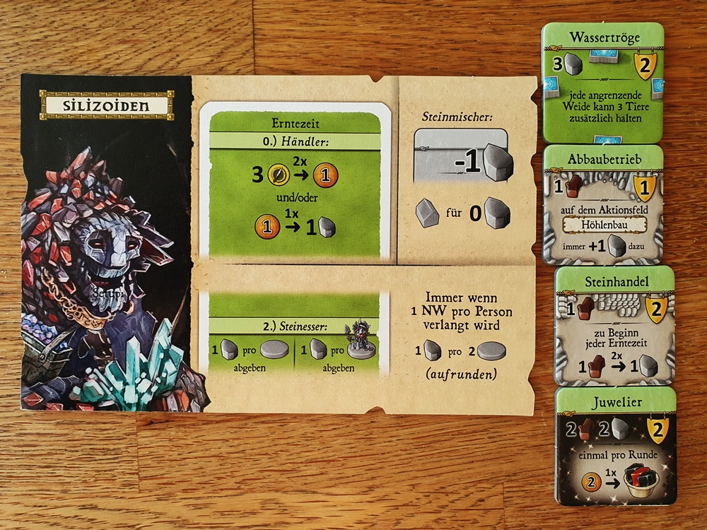 Ein Tableau eines Zusatzvolkes mit dessen Eigenschaften, vier Zusatz-Gebäudeplättchen