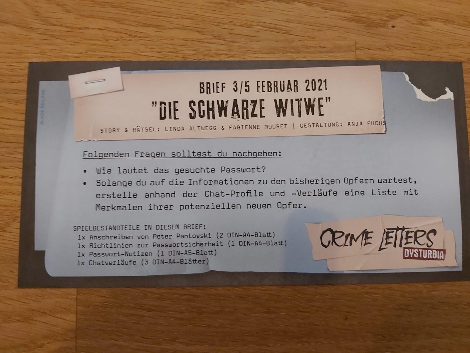 Zu sehen ist einer Hilfzettel der Crime Letters