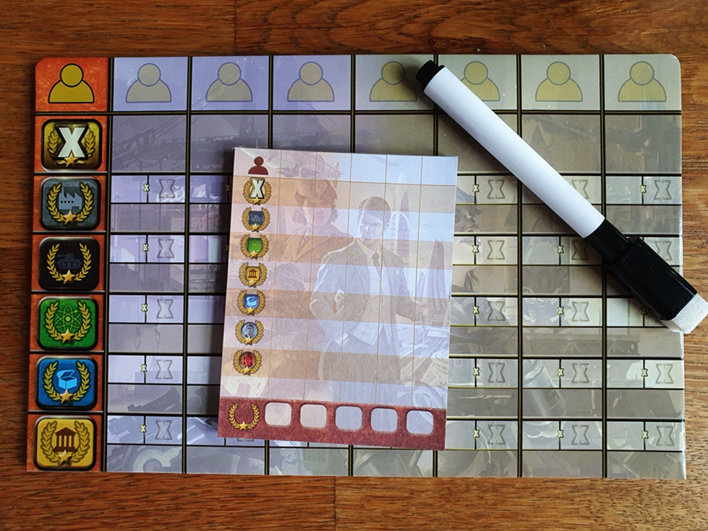 Wertungstafel, darauf der kleinere Wertungsblock aus dem Grundspiel