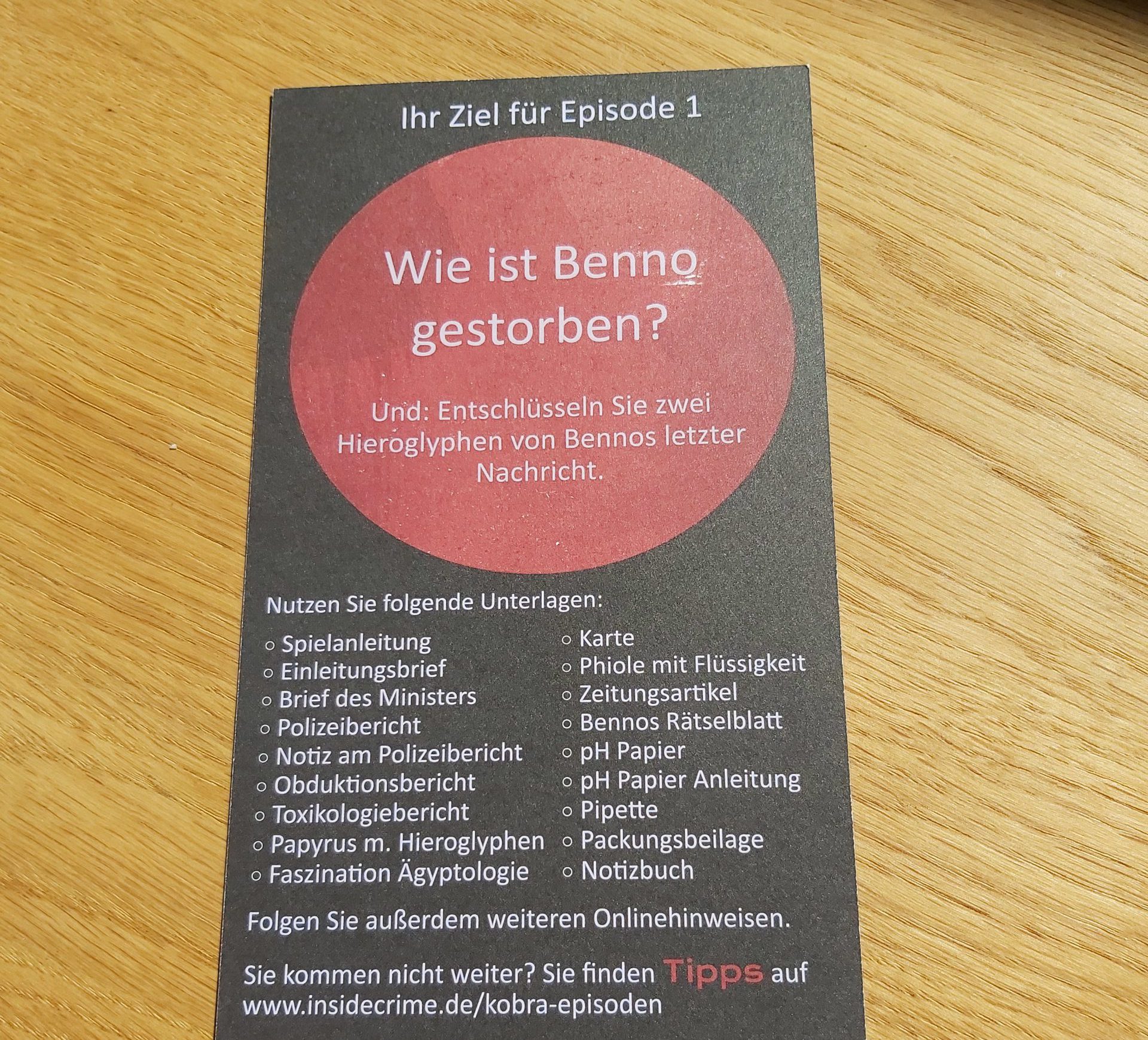 Zu sehen ist der Flyer von Inside-Crime der über die jeweilige Aufgabenstellung der Episode informiert.