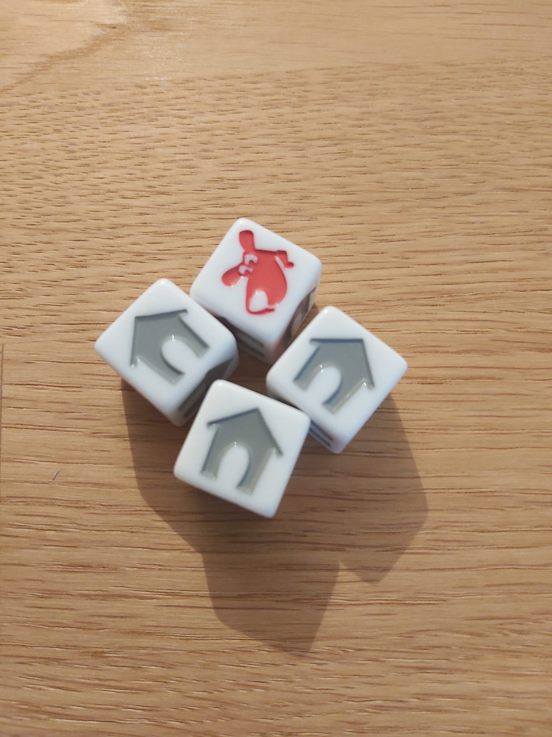 Zu sehen sind die Hundewürfel aus auf die Nüsse, die entweder eine graue Hundehütte oder einen roten Hund zeigen