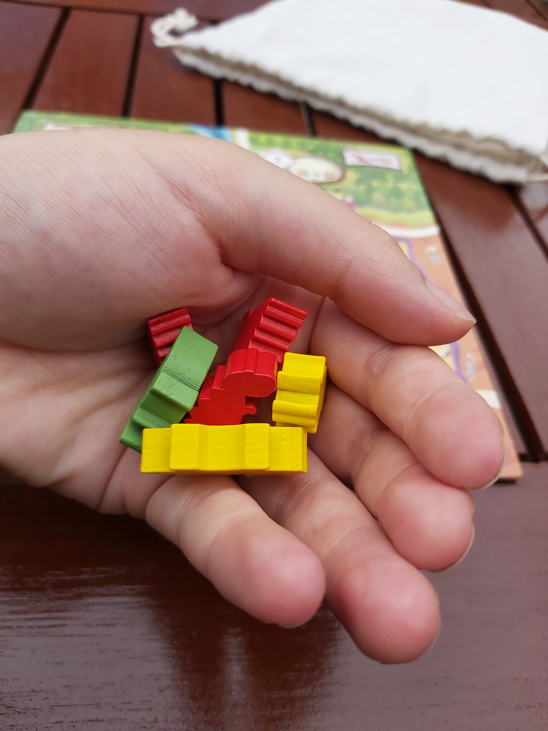 Zu sehen ist eine Hand, die verschiedene Dino Meeple hält