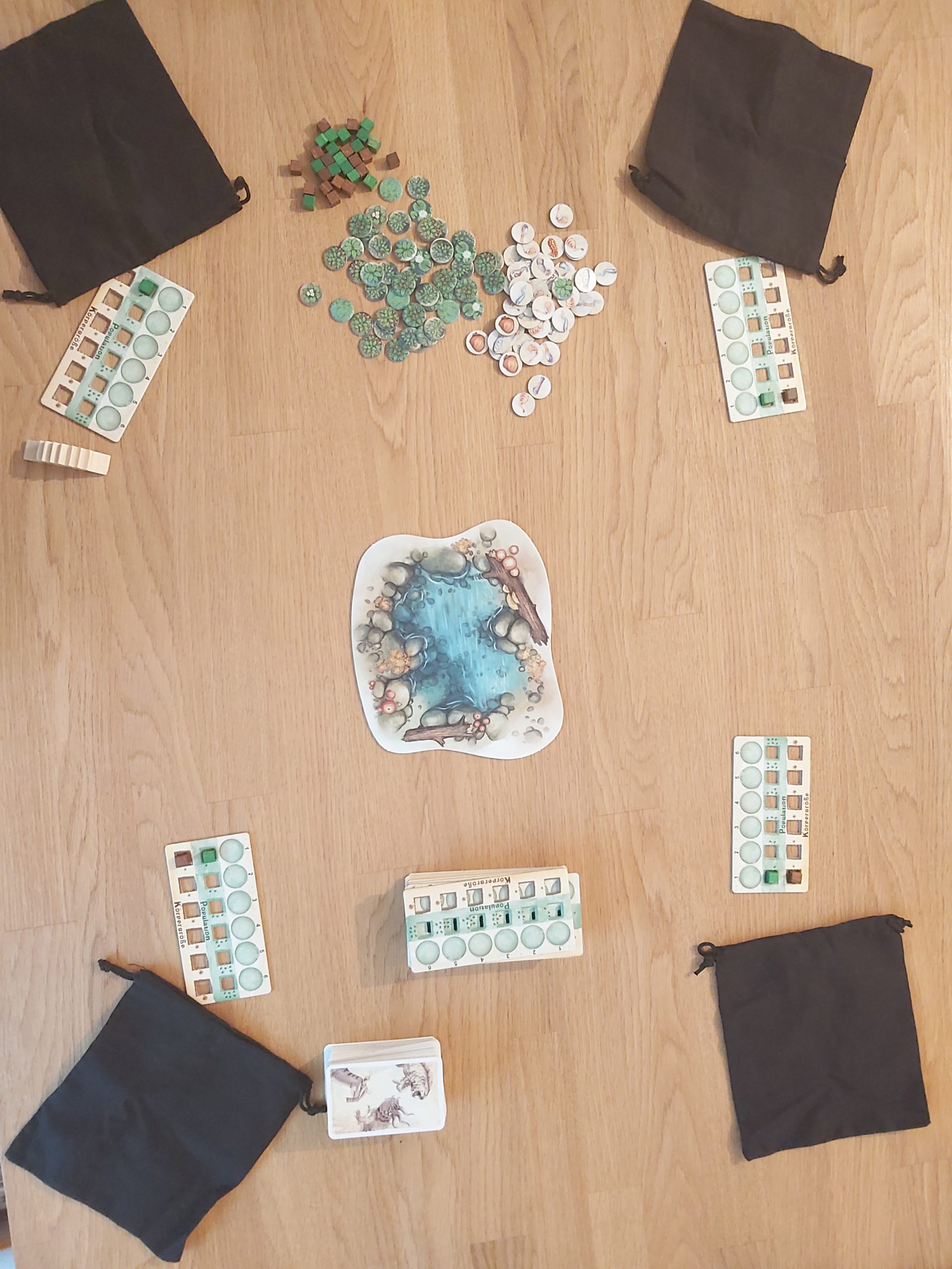 Zu sehen ist der Spielaufbau für 4 Spielende