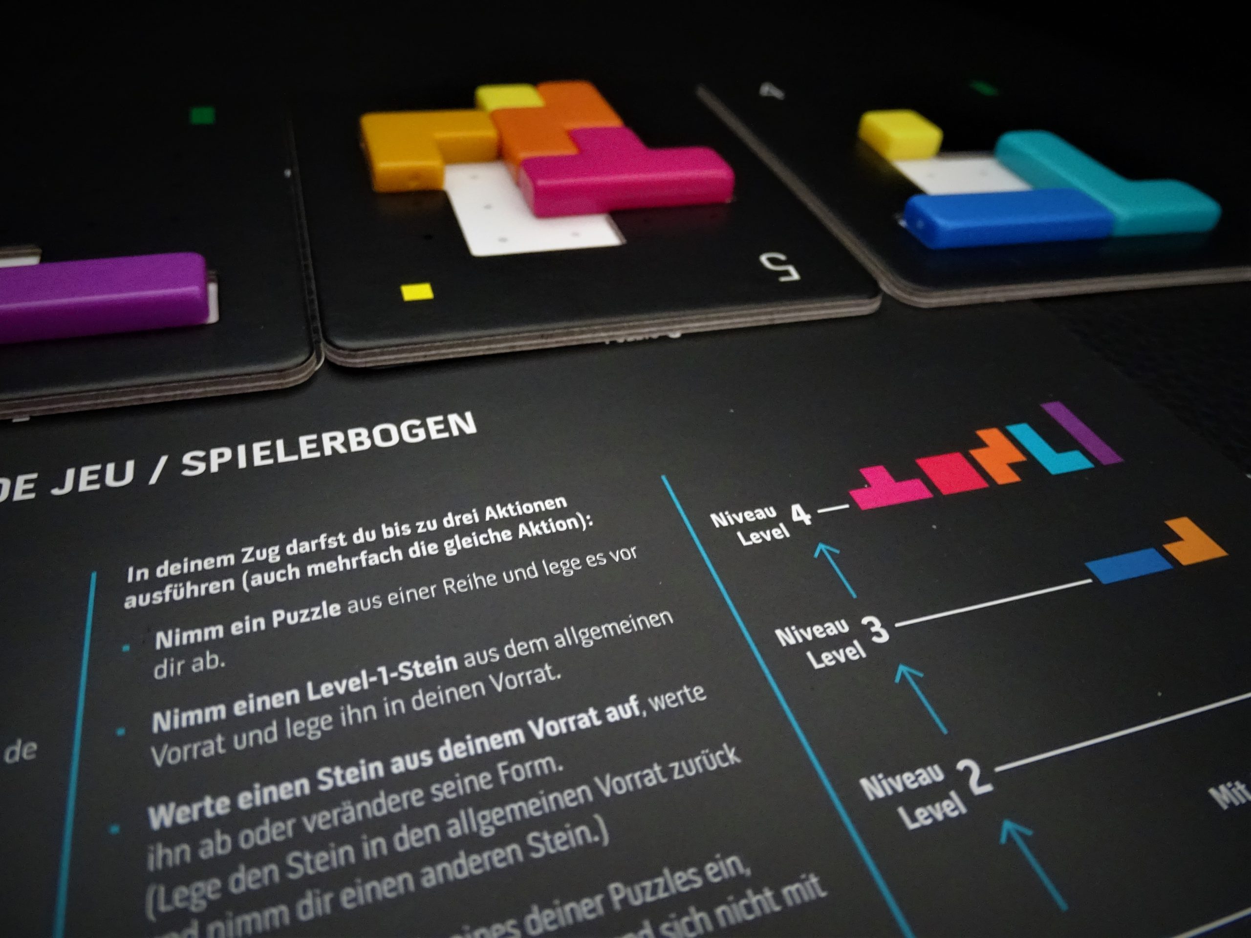 Auf der Spielhilfe stehen die möglichen Aktionen.