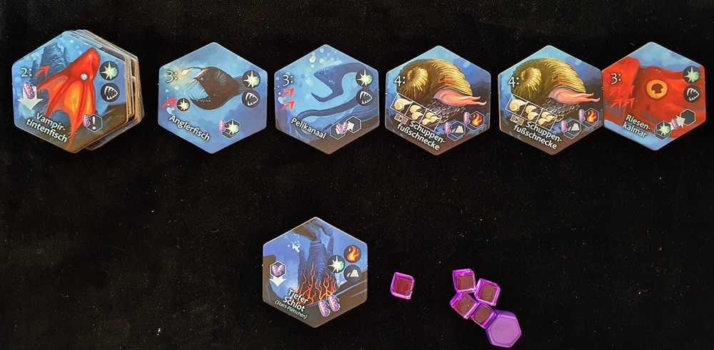 Startplättchen, Spielsteine Archaeen, Auslage von 6 Plättchen mit Tiefseewesen