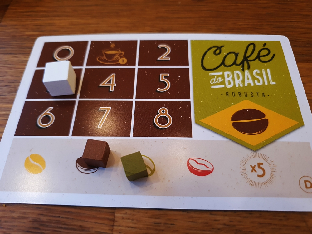 Spieltableau mit Zahlen von 1 bis 8, darauf ein Marker. Im unteren Teil Platz zum Lagern der Ressourcen