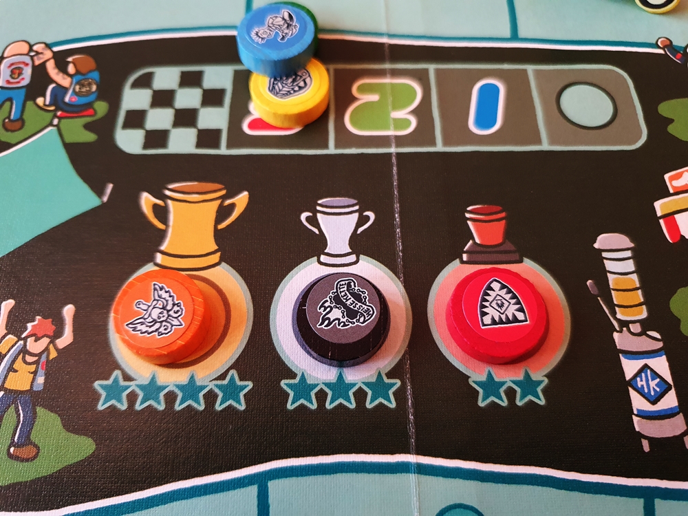 Nach beendetem Rennen liegen drei Farbmarker auf den Platzierungsfeldern