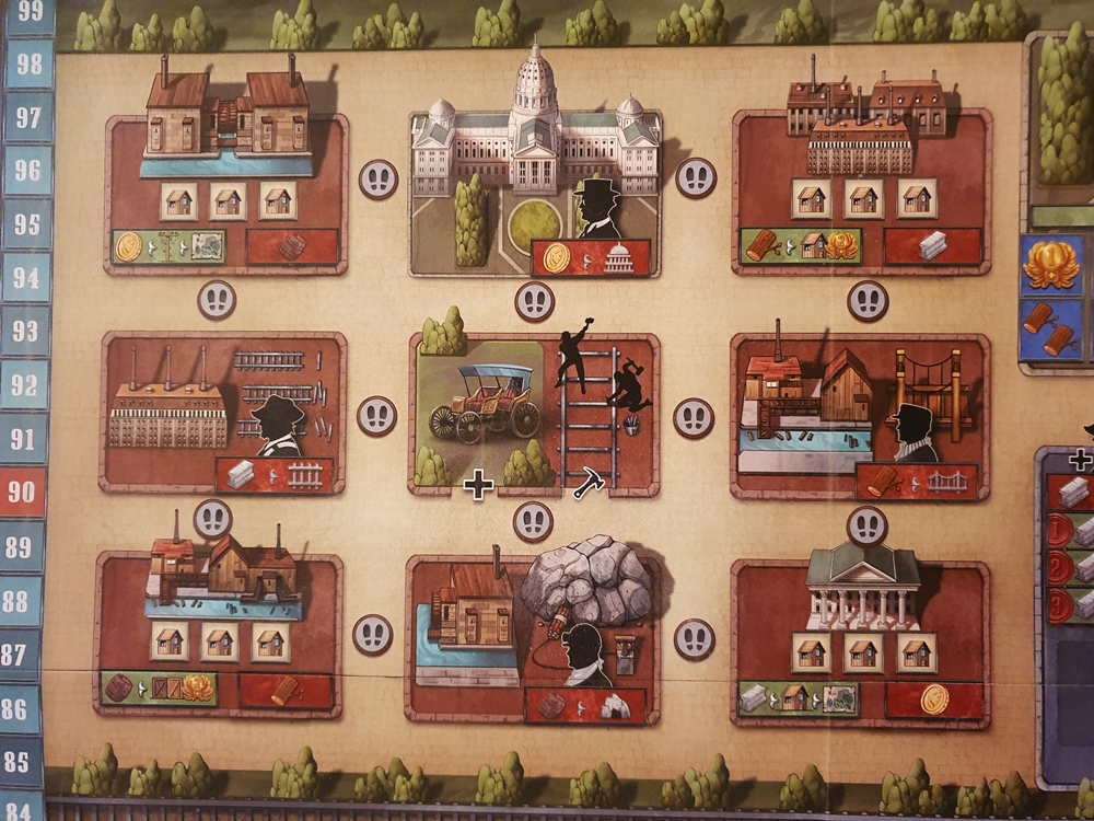 Der Teil des Spielplans für die Aktionen. Er besteht aus neun unterschiedlichen Feldern. An den inneren Rändern sind kleine Felder, auf denen die Arbeiter platziert werden