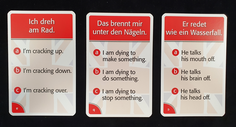 Die gleichen drei Karten mit der deutschen Redensart. Jeweils drei Möglichkeiten, wie es im Englischen korrekt heisst