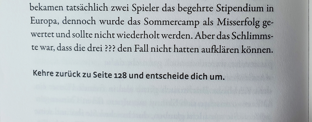 "Kehre zurück zu Seite 128 und entscheide dich um." steht hier am Ende einer Seite