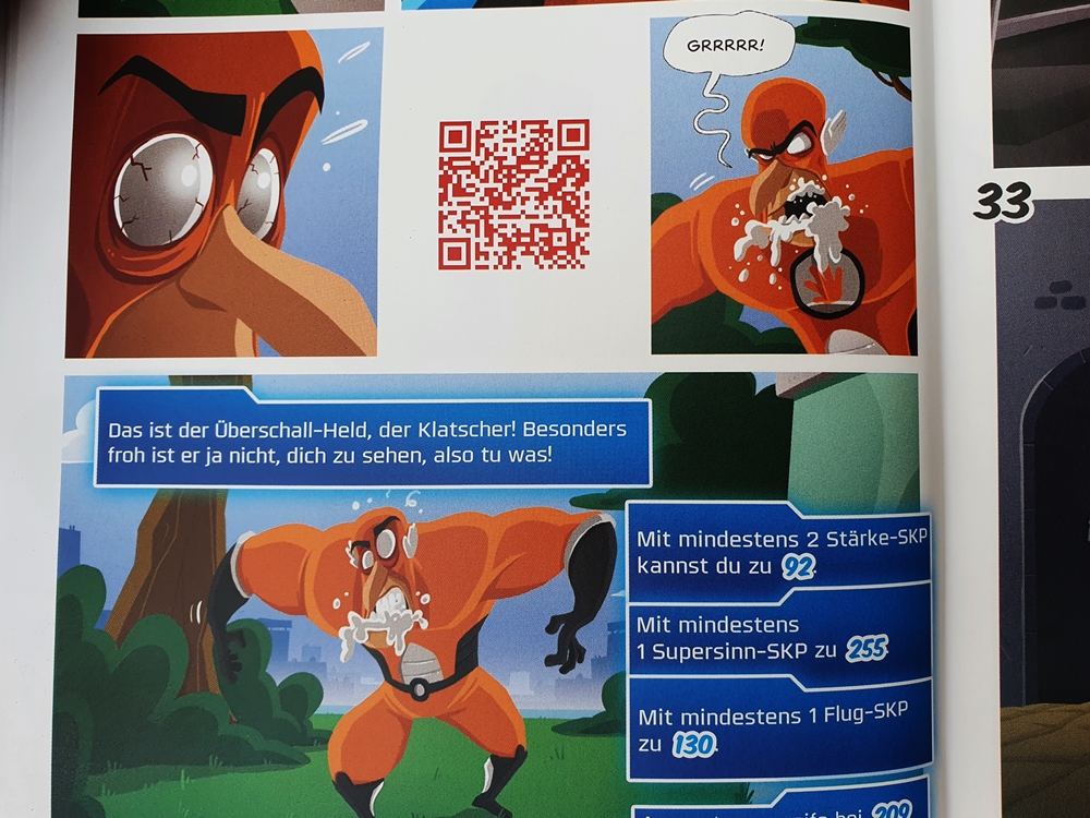 Bilderfolge, darin ein QCR-Code und Entscheidungsmöglichkeiten im Text