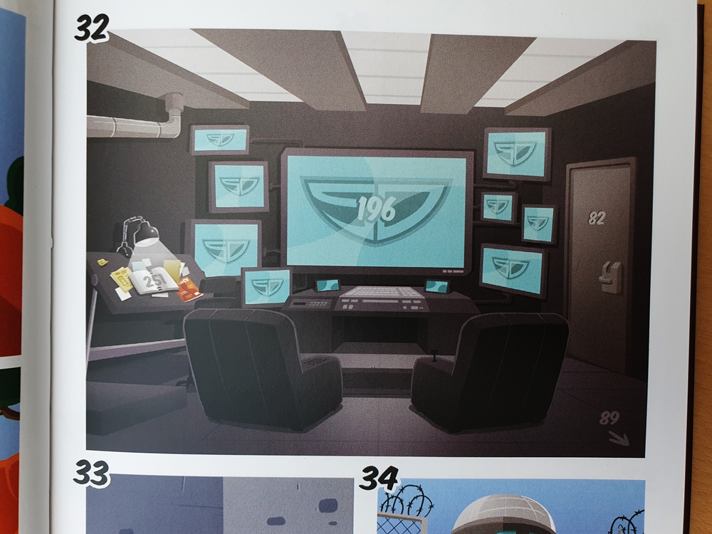 Comicbild mit einer Kommandozentrale. Zahlen auf Gegenständen bieten Möglichkeiten., wo es weitergeht
