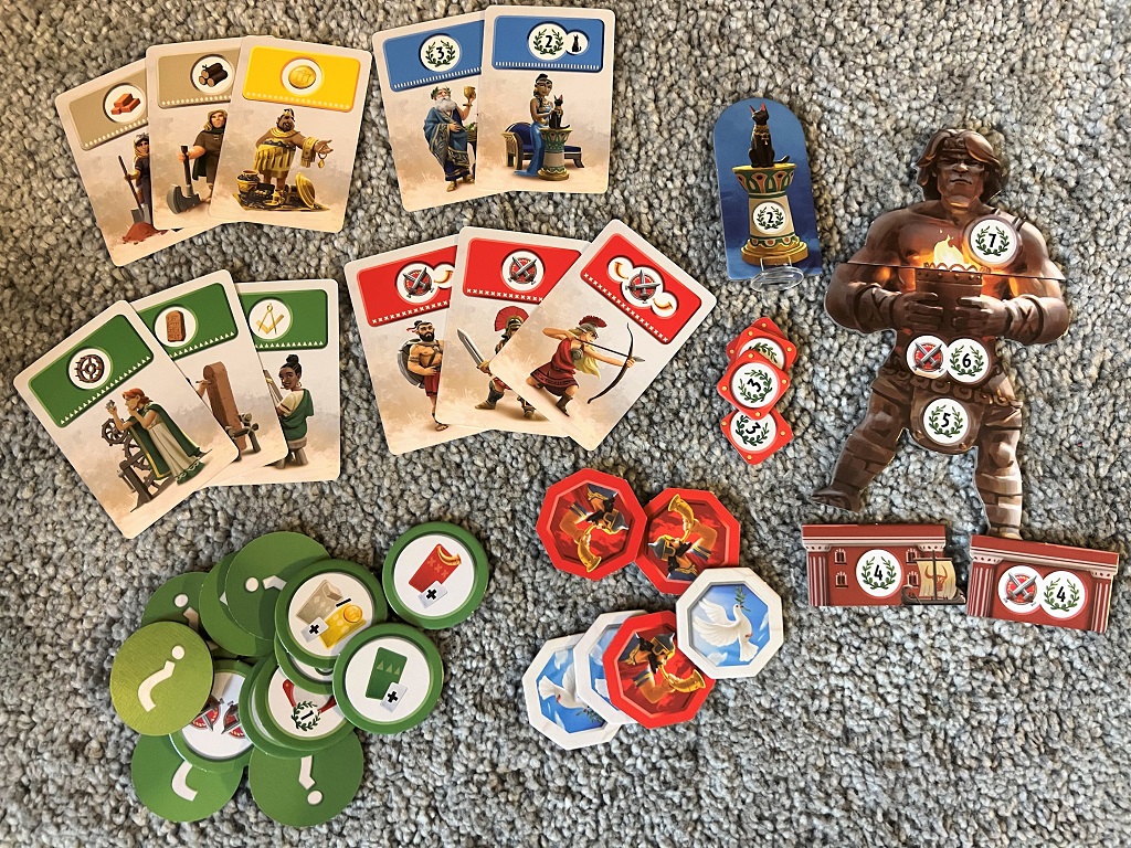 Spielmaterial, Rohstoffkarten, WIssenschaftsmarker, Militärmarker, die Katze, Wunder Kollos von Rhodos 