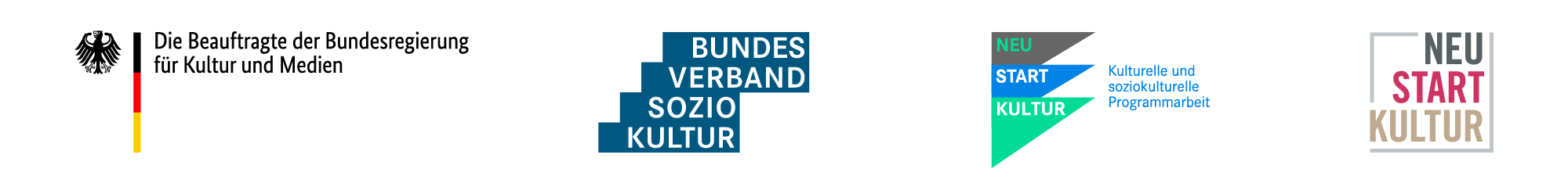 Logo Die Beauftragte der Bundesregierung für Kultur und Medien; Bundesverband Soziokultur; Neu Start Kultur, kulturelle und soziokulturelle Programmarbeit; Neu start Kultur
