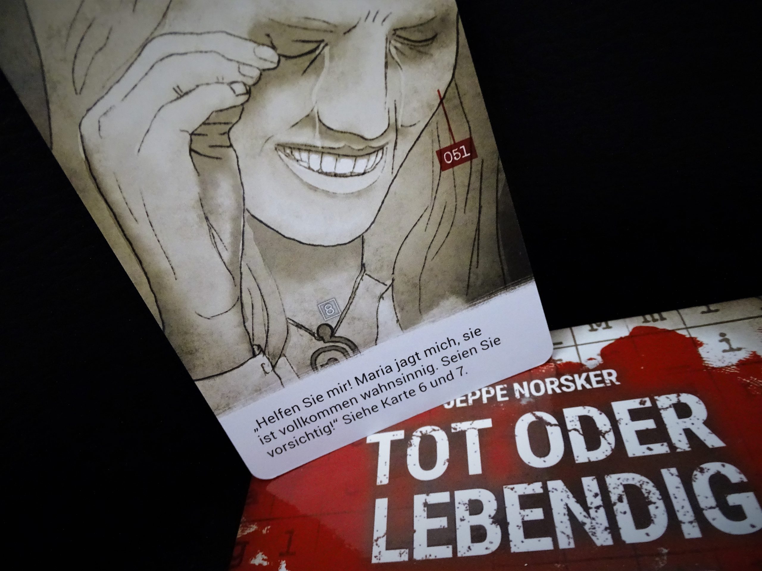 Eine Karte zeigt das verzerrte Gesicht einer Frau. Darunter bekommen wir in einem Text Anweisungen, wie es weitergeht. 