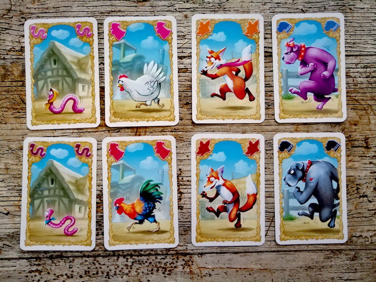 Im Spiel gibt es Würmer, Hahn und Henne, Füchse und Hunde in beiden Geschlechtern. 