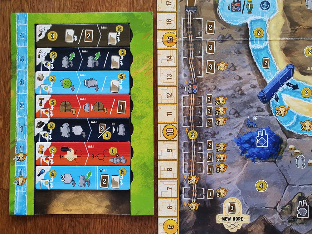 Tableau für die Wahl der Aktionen, daneben Teil des Spielplans mit Einkommensleiste für Karten