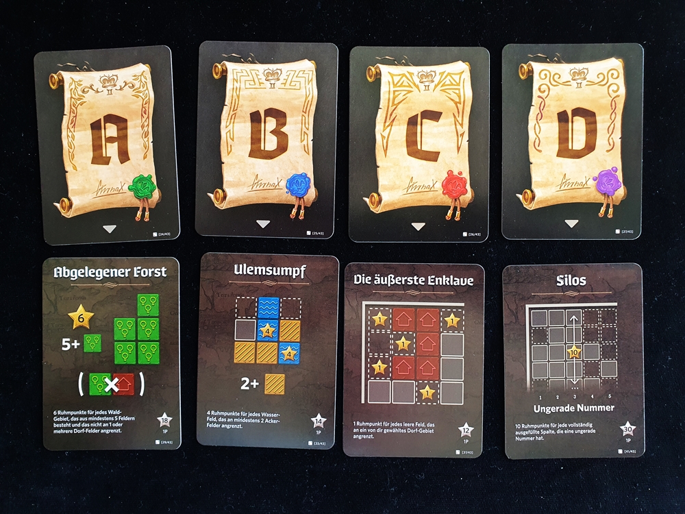 Rundenziele von A bis D, dargestellt mit Karten