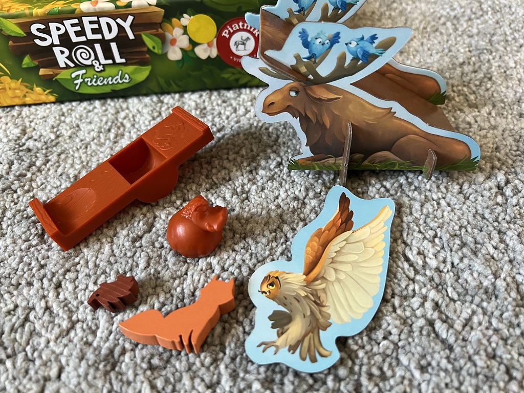 Katapult, Elch-Rutsche, Eulenzwillinge, Wildschwein und Holzmeeple