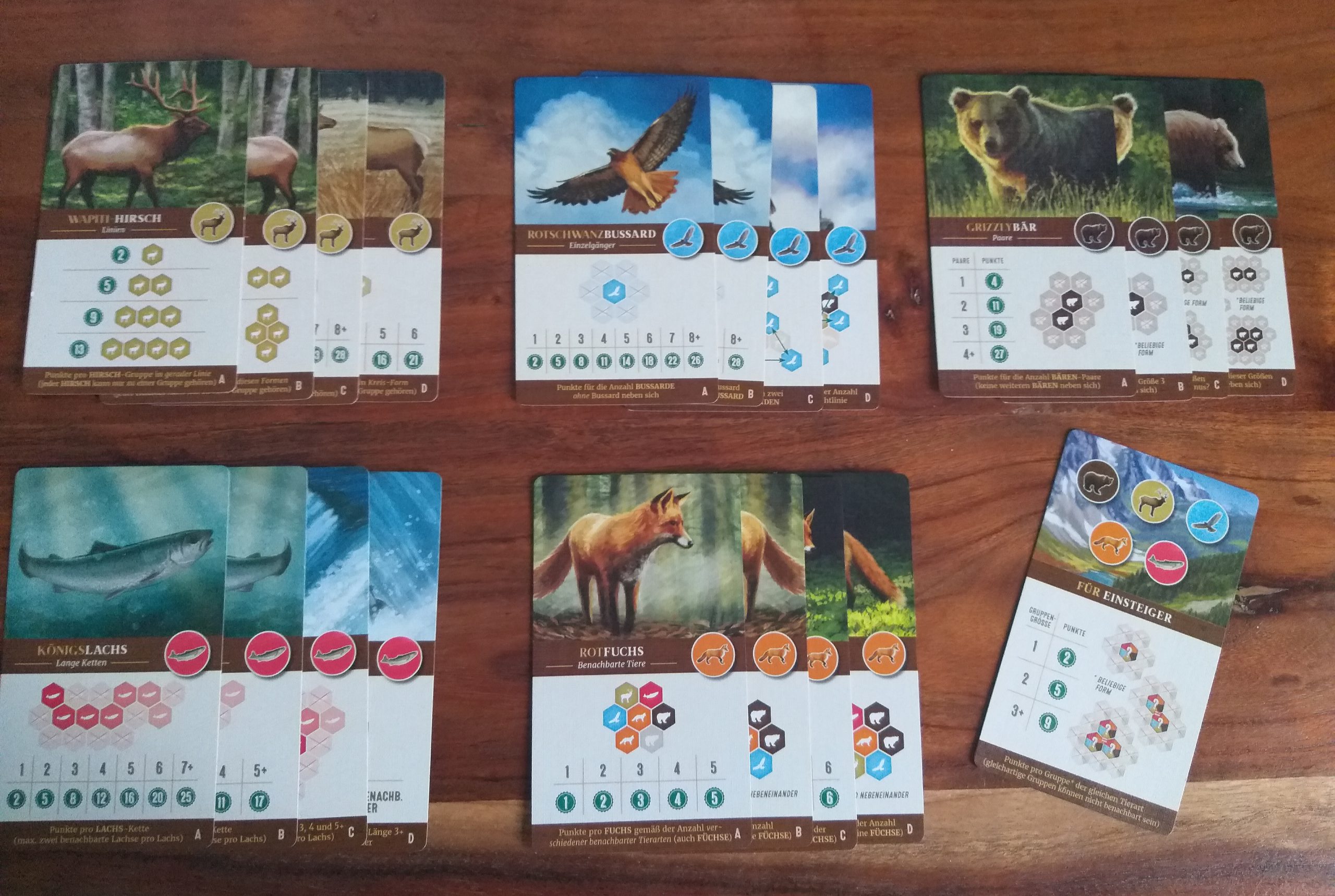 Für jede Tierart gibt es 4 verschiedene Wertungskarten mit unterschiedlichem Schwierigkeitsgrad.