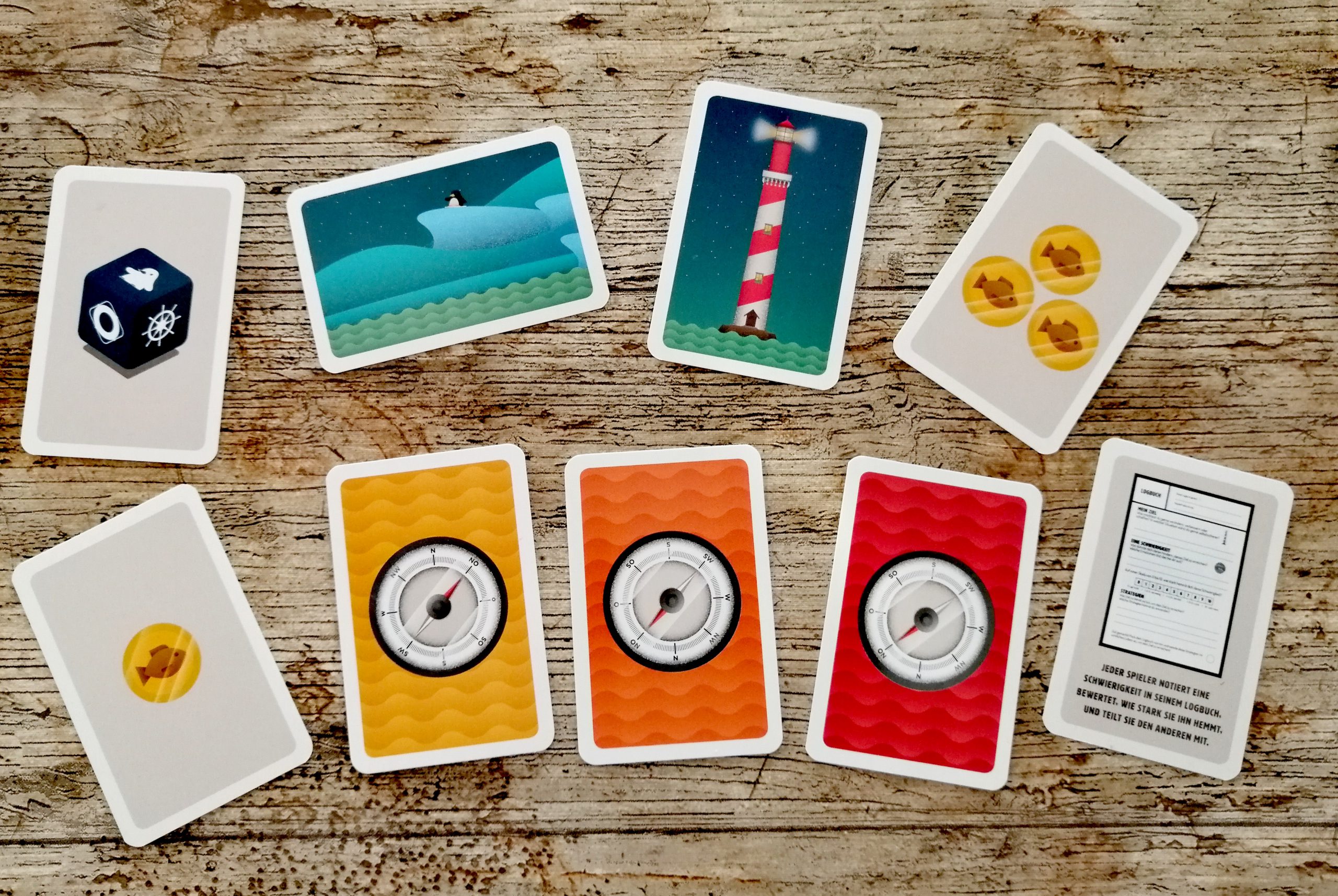 Unter den Kompasskarten verbergen sich Münzen, den Hinweis auf einen Eintrag ins Logbuch oder dass wir z. B. eine Spielfeldkarte umdrehen sollen. 
