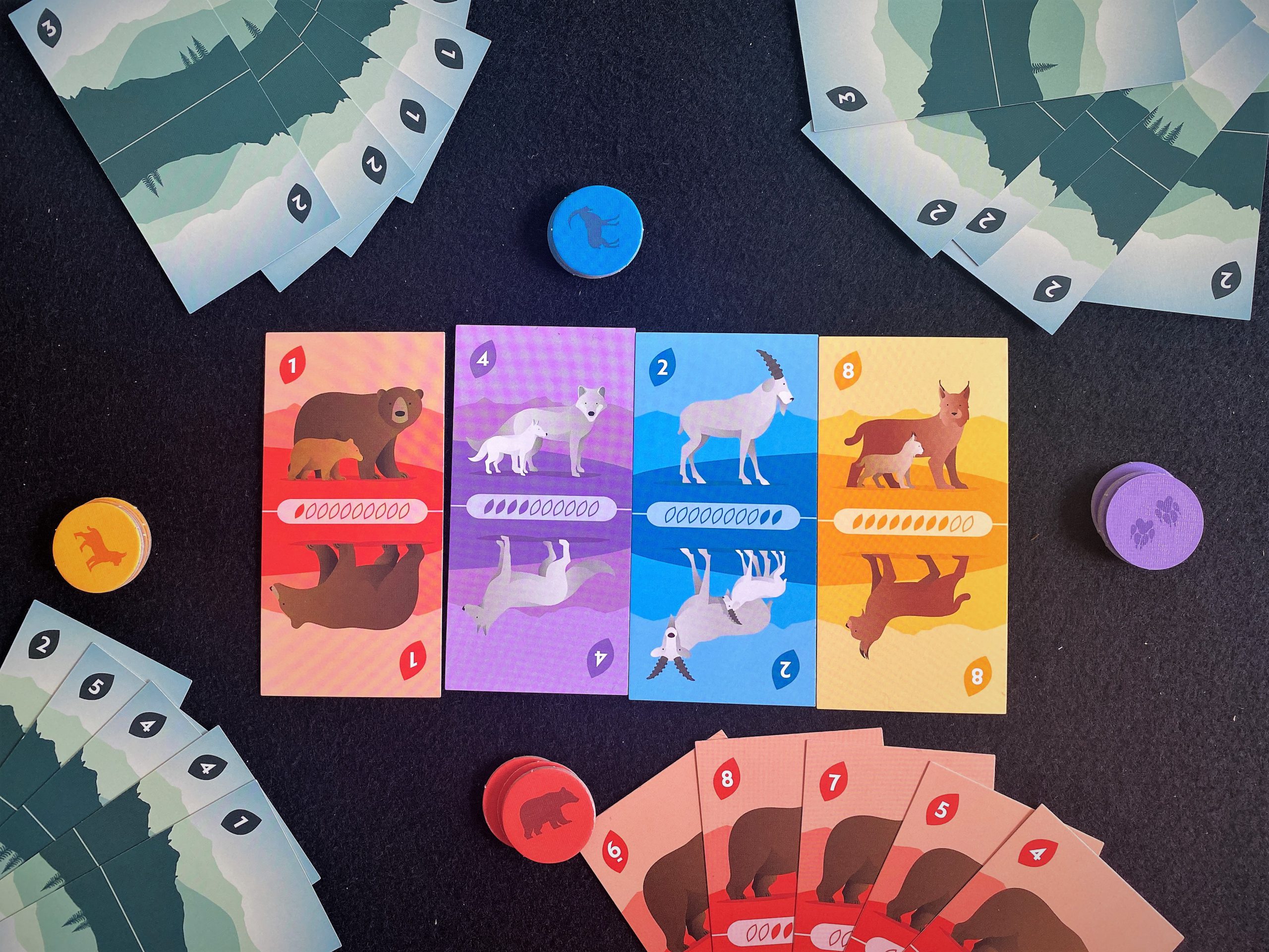 In der Spielmitte liegen vier unterschiedliche Farbkarten mit Werten nebeneinander