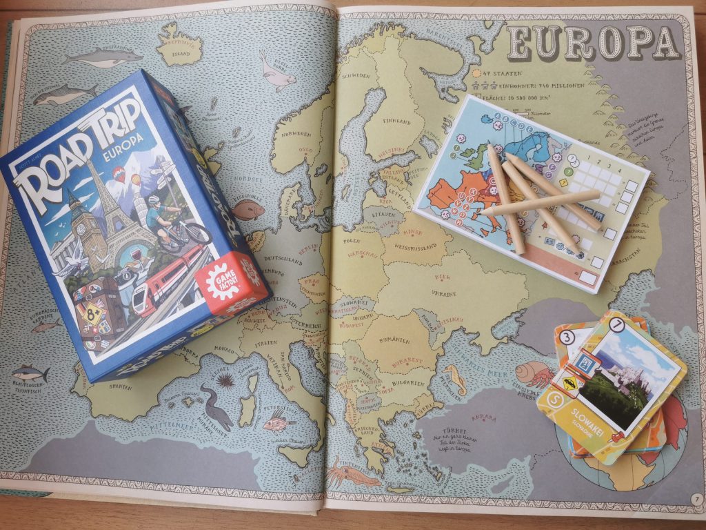 Road Trip Europa, Spielmaterial: Karten, Block Stifte