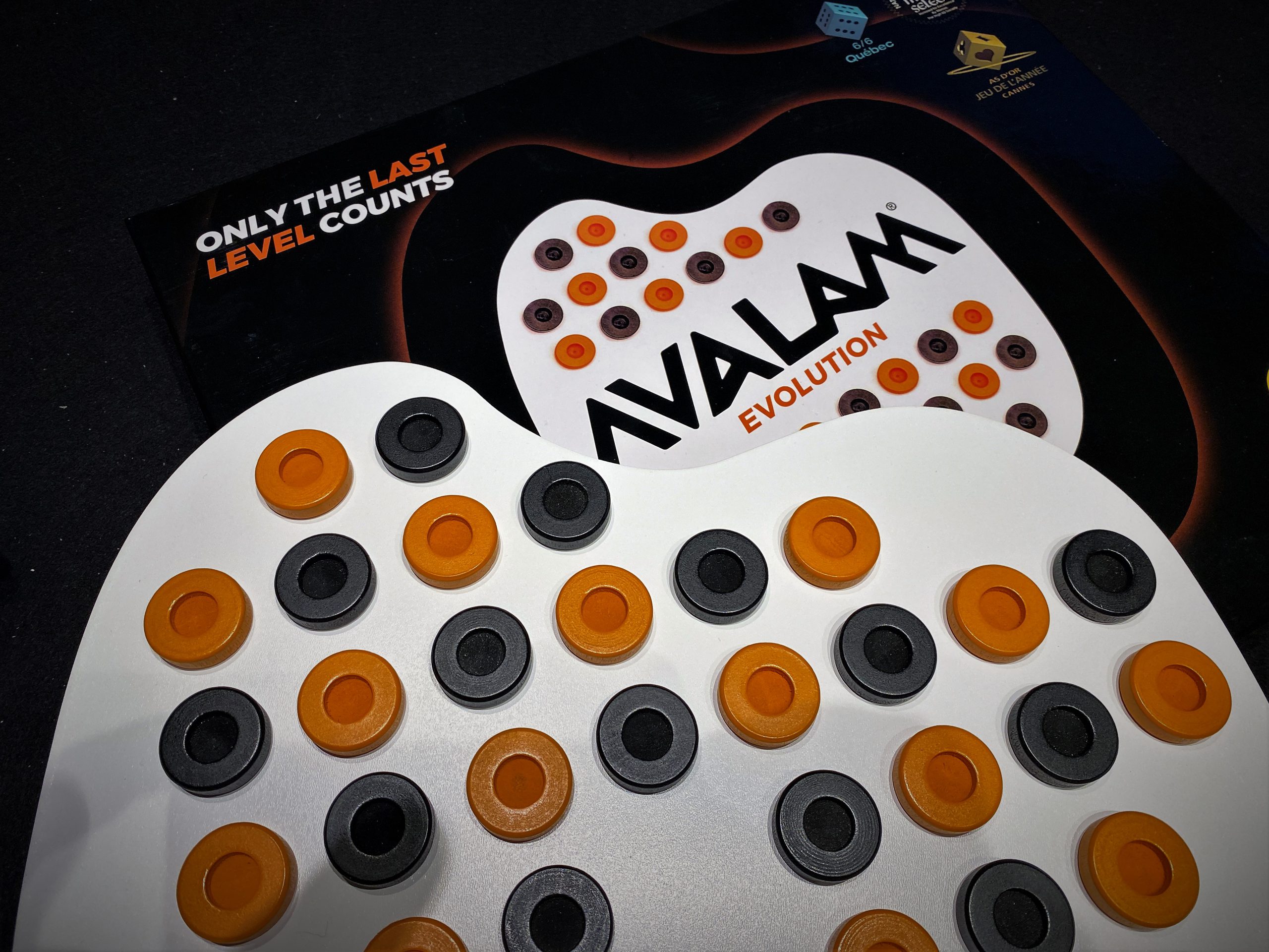 Ein Blick auf das Spielbrett in Startformation. Alle orangenen und schwarzen Steine sind verteilt.