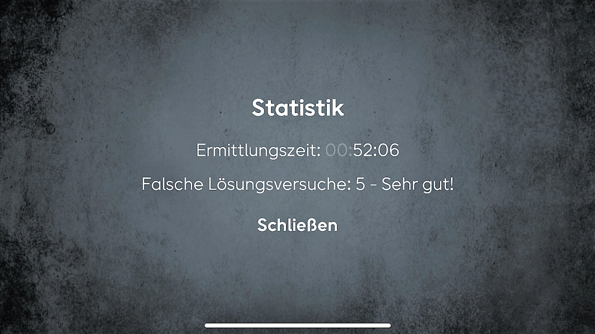 Die Endstatistik zeigt, wie lange wir gebraucht haben und wie oft wir falsch lagen. 