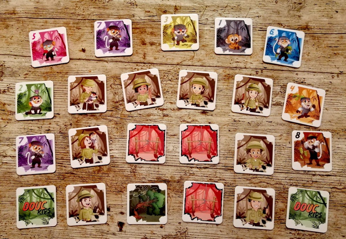 Im Spiel gibt es verschiedene Plättchen. Die Affen, Fallen, Ranger und einen Sturm. 