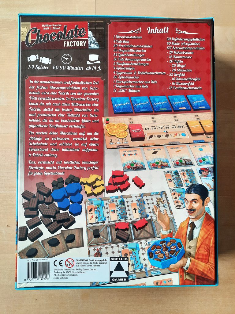Rückseite der Spielbox Chocolate Factory