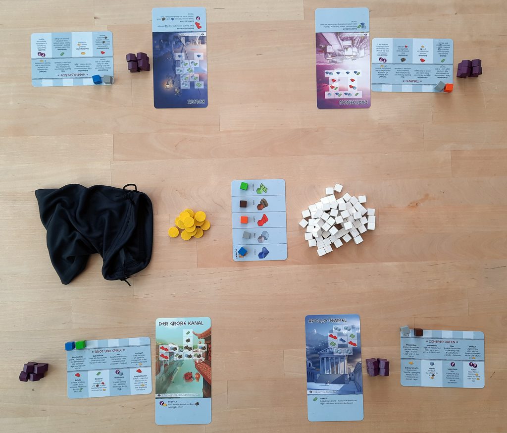 Spielaufbau für 4 Mitspielende von One Card Wonder