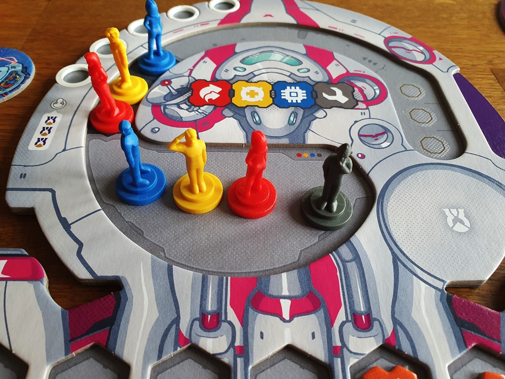 Tableau für einen Spielenden mit Figuren und Aktionsfeldern