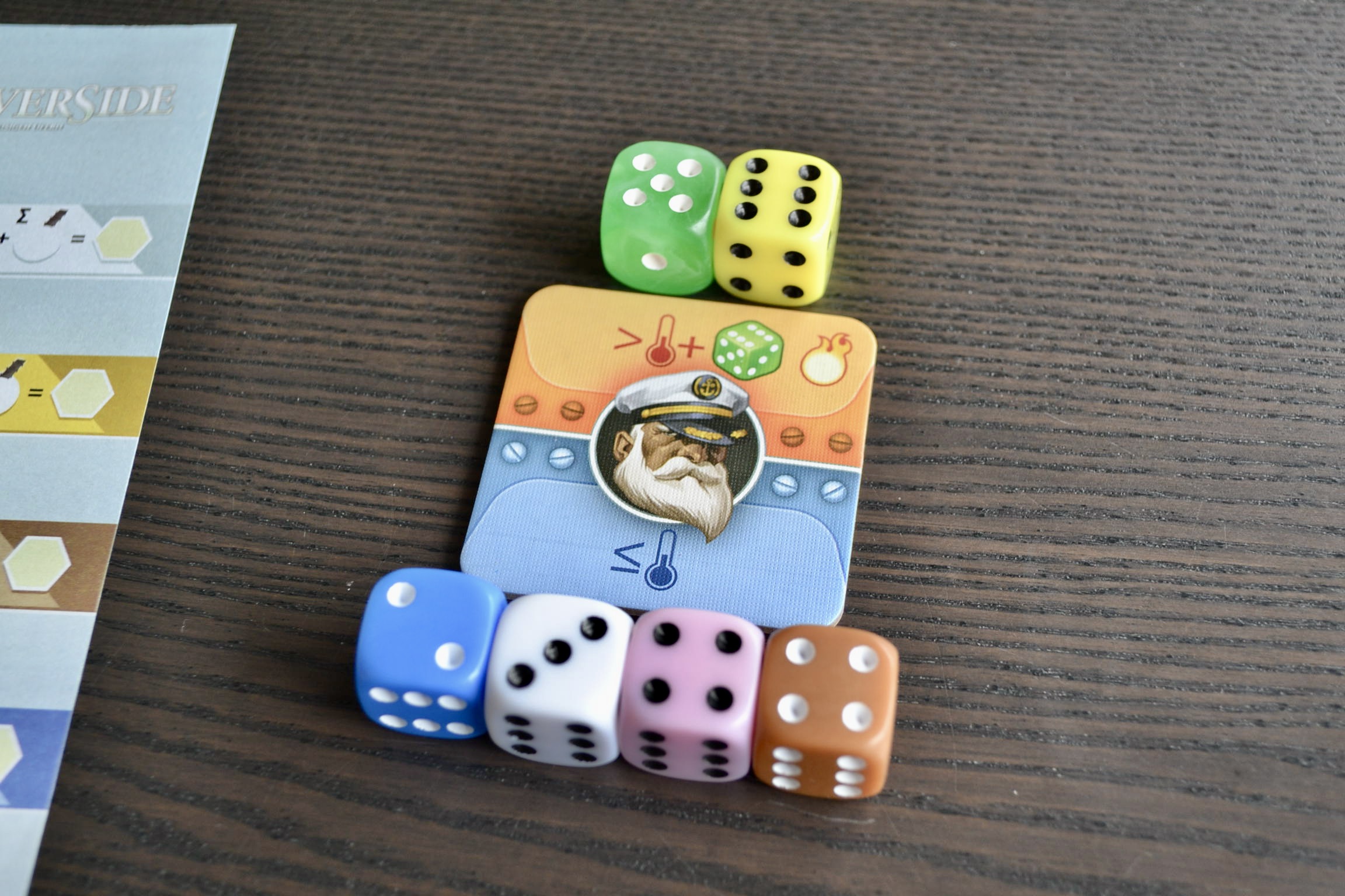 Beim Kapitänsplättchen, ist der grünen Aurora Würfel im oberen beheizten Bereich, sowie auch der gelbe Würfel. Weitere vier Würfel sind unter dem Kapitänsplättchen