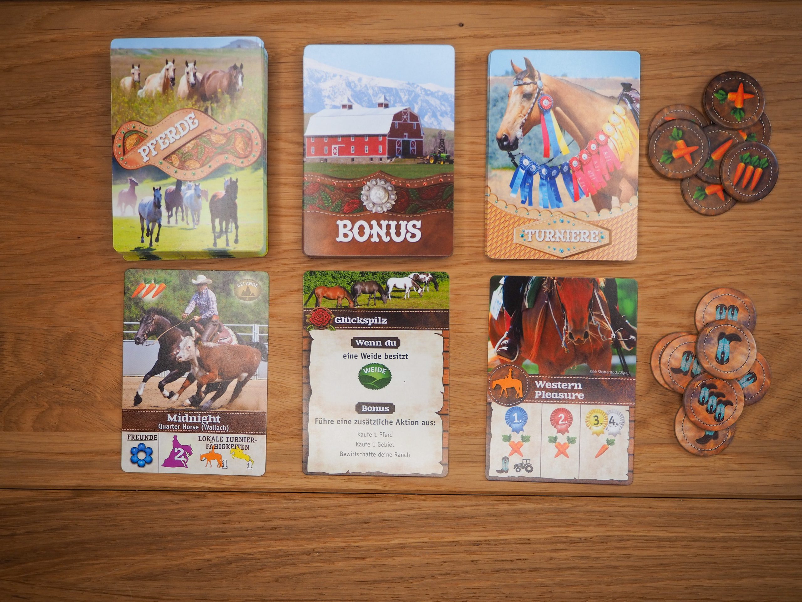 Pferde-, Bonus- und Turnierkarten liegen aufgereiht nebeneinander. Jeweils eine davon ist aufgedeckt. Die Pferdekarte zeigt den braunen Wallach Midnight. Die Bonuskarte lockt mit Belohnungen und die Turnierkarte zeigt beispielhaft ein Western Pleasure Turnier. Außerdem liegen rechts von den Pferdekarten zwei Haufen mit Futter- und Ausrüstungsmarkern.