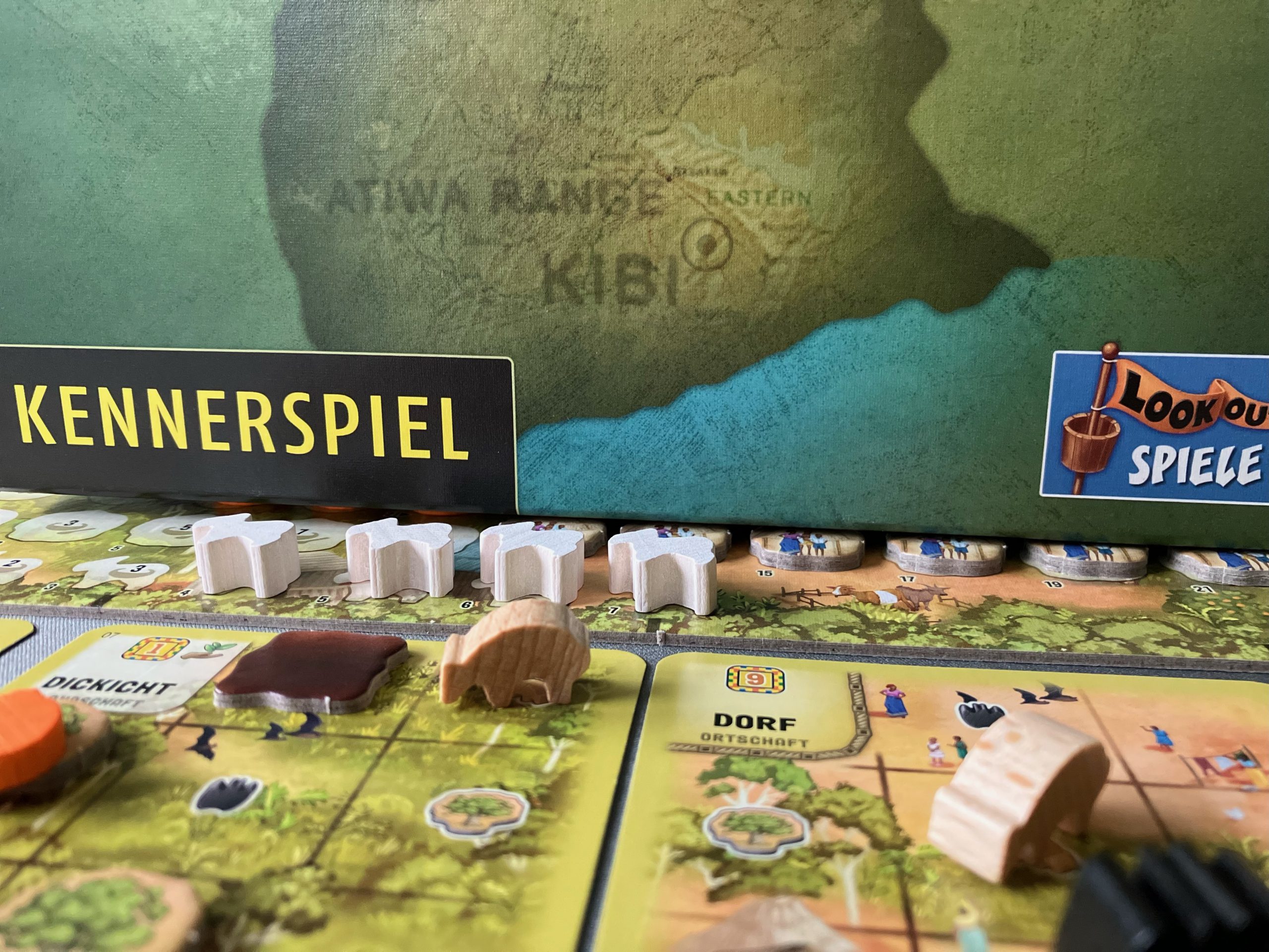 Landschaften mit Verschmutzung, Buschtieren vor dem persönlichen Vorrat mit Ziegen. Dahinter die aufgestellte Spielschachtel.