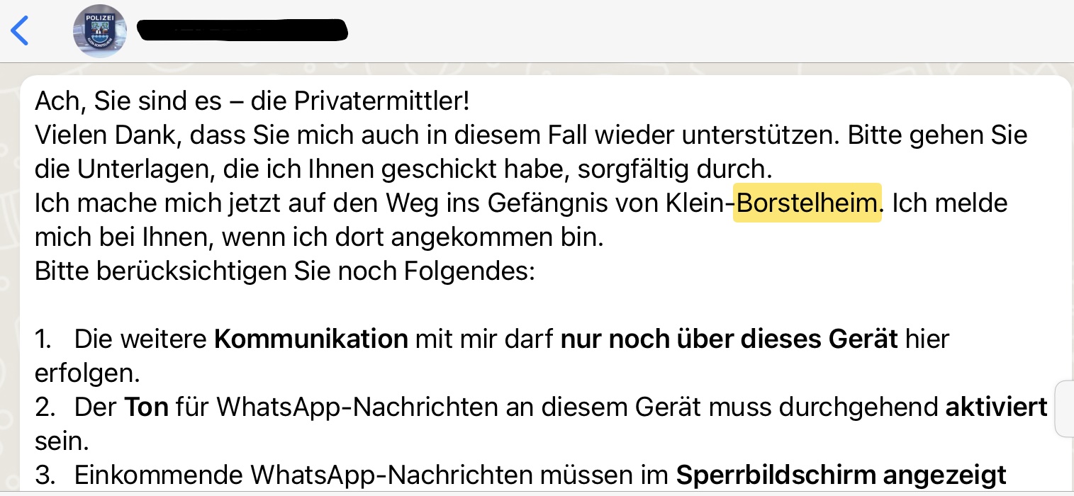 Das Bild zeigt den Austausch des Kommissars über das Chatprogramm Whatsapp