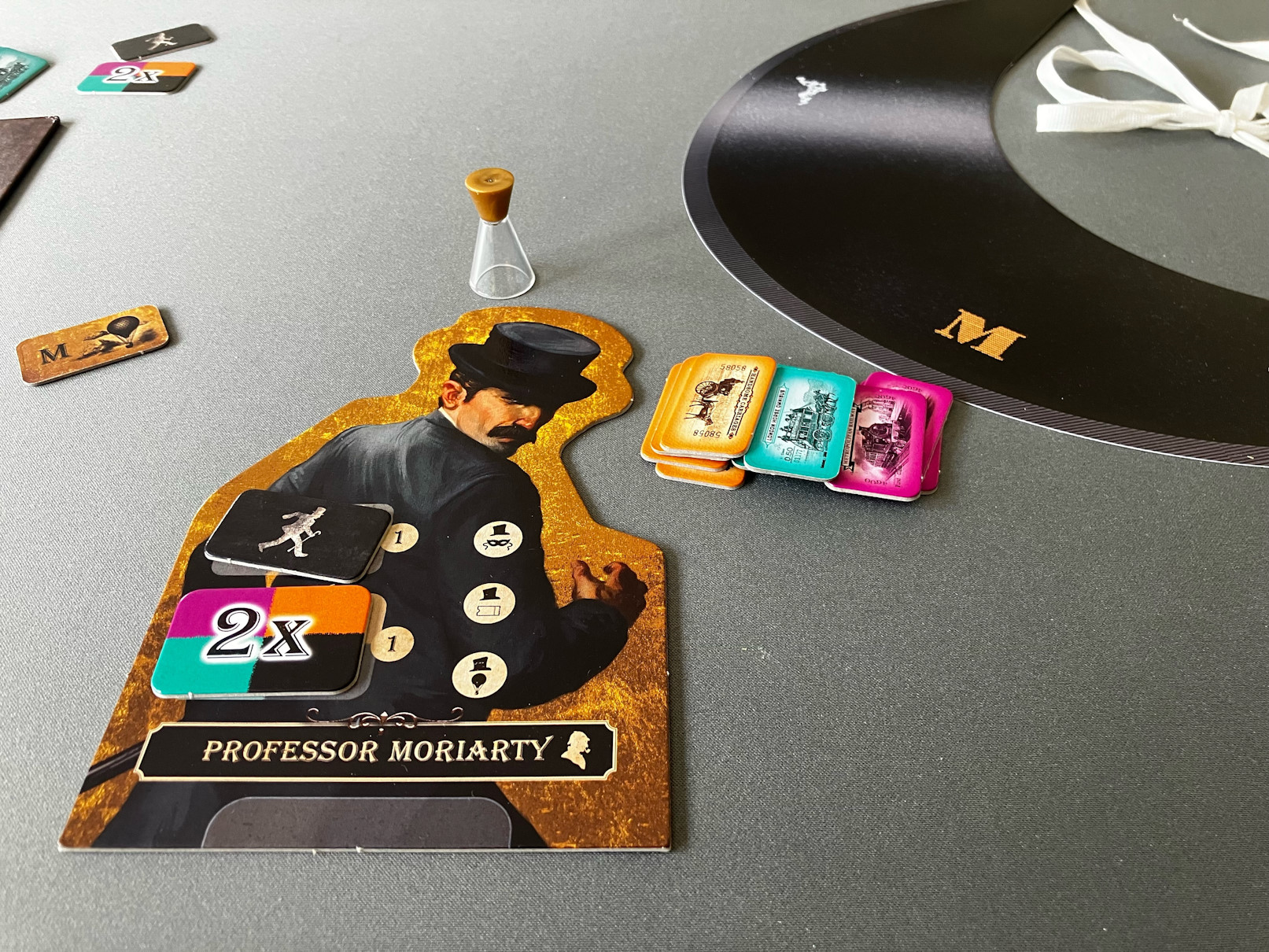 Der Spielplan von Professor Moriarty in Großaufnahme, daneben noch nicht benutzte Tickets.