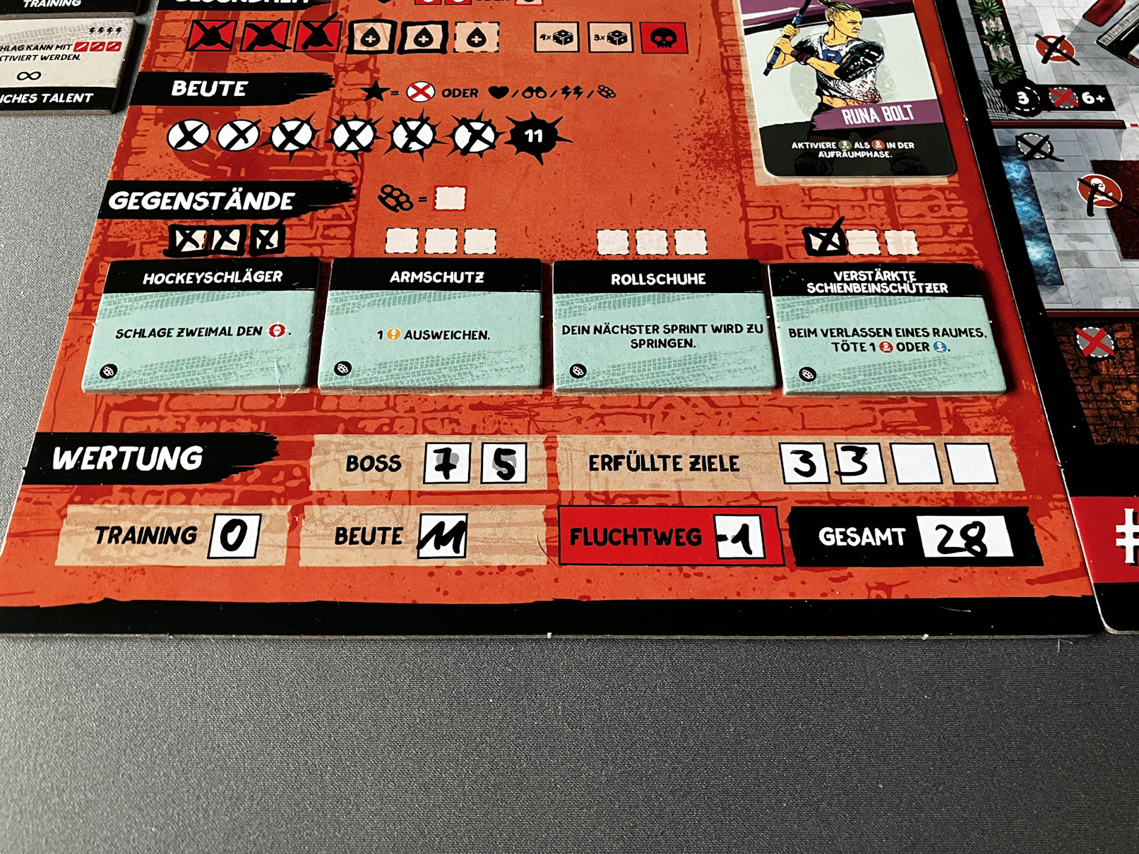 Übersicht über das untere Ende des Spielertableaus, die Endwertung fiel mit 28 Punkten sehr gut aus!