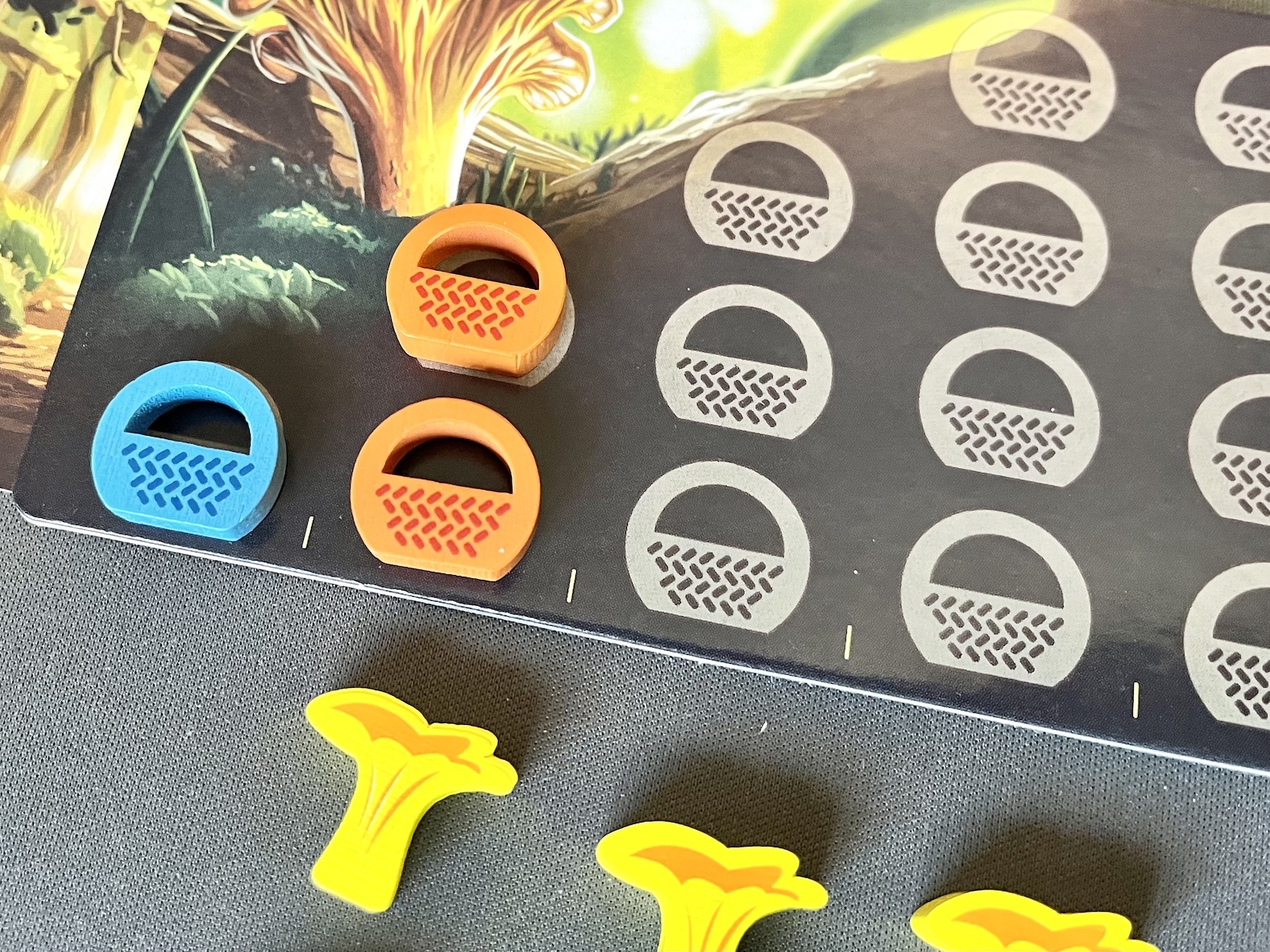 Drei Körbe von 2 Farben liegen auf dem Tableau des Pfifferling 