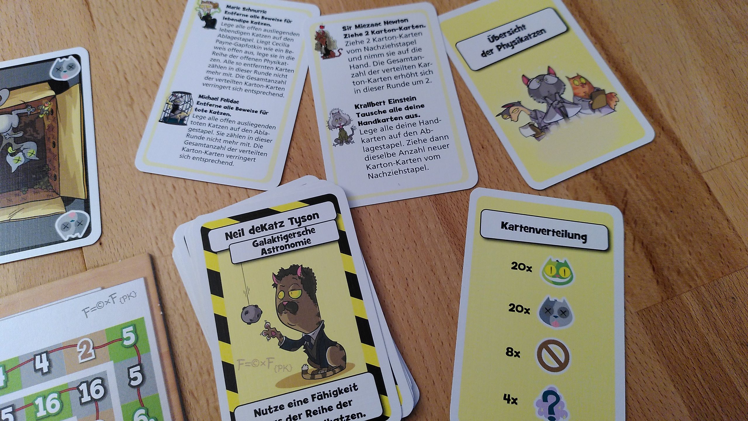 Eine Übersicht über verschiedene Physikatzen-Karten mit speziellen Fähigkeiten für alle Spielenden. 