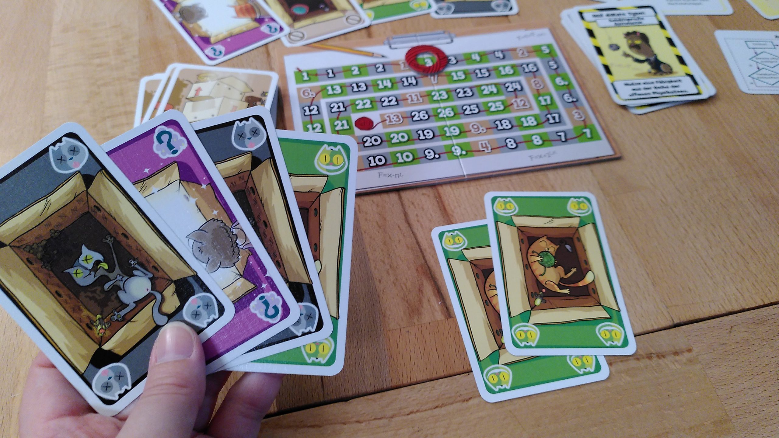 Kartenhand und Spiel aus der Sicht einer Spielenden. 