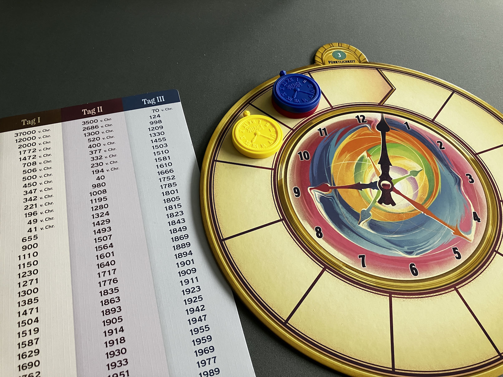 Spielmaterial einer großen Uhr sowie einer Kartenübersicht.